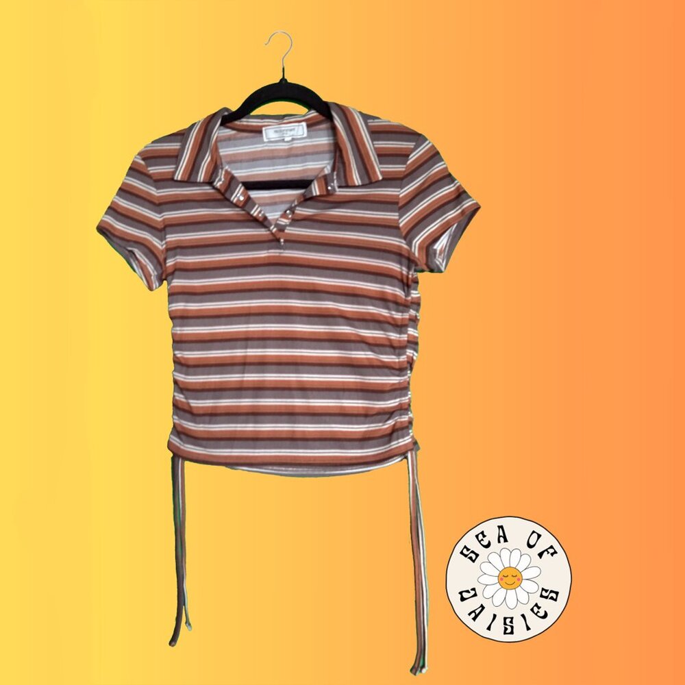 No Comment (NY-LA) Collared Brown and Orange Striped Shirt Size Medium.